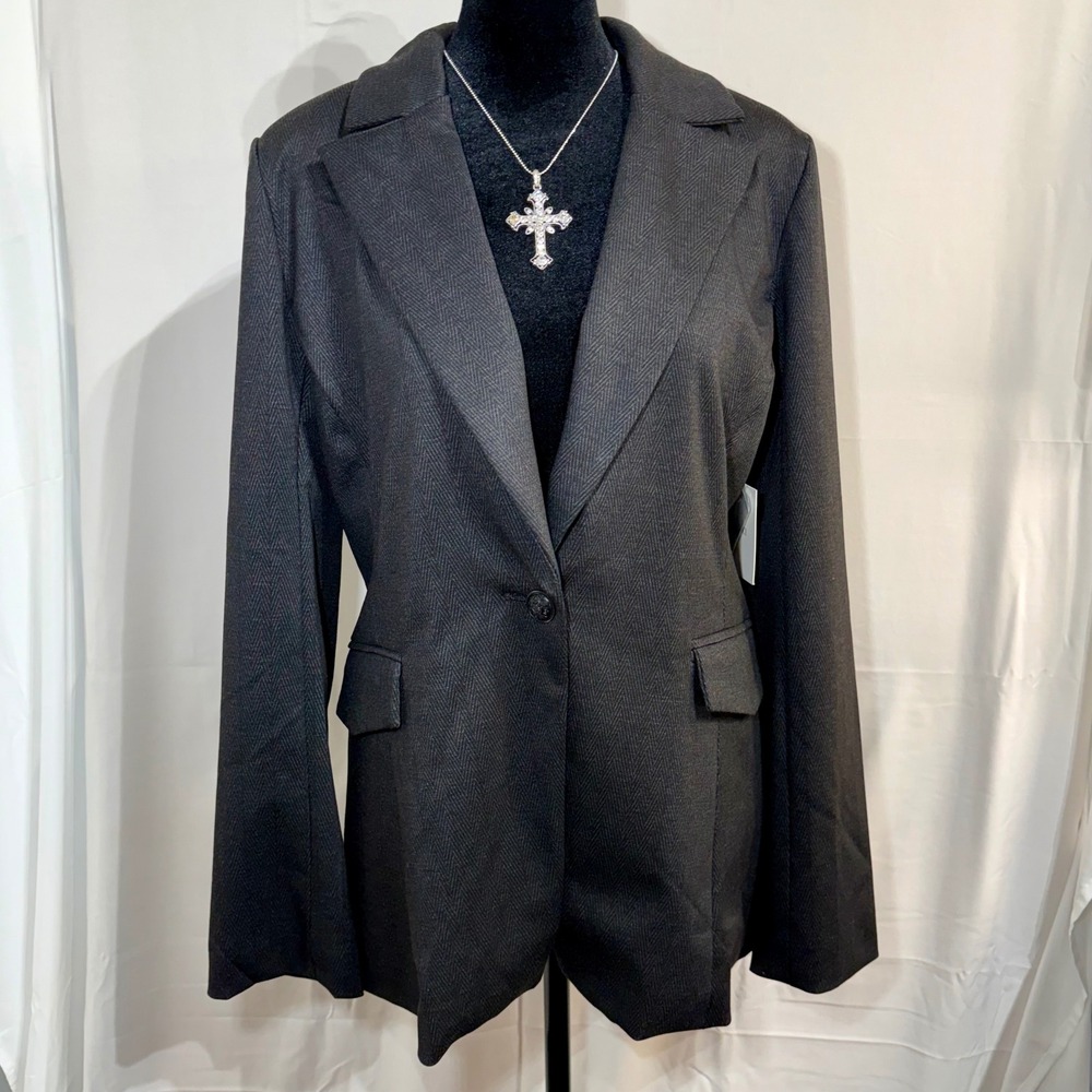 NWT Ellen Tracy Womens Herringbone One Button Blazer Jacket Charcoal Grey Size M